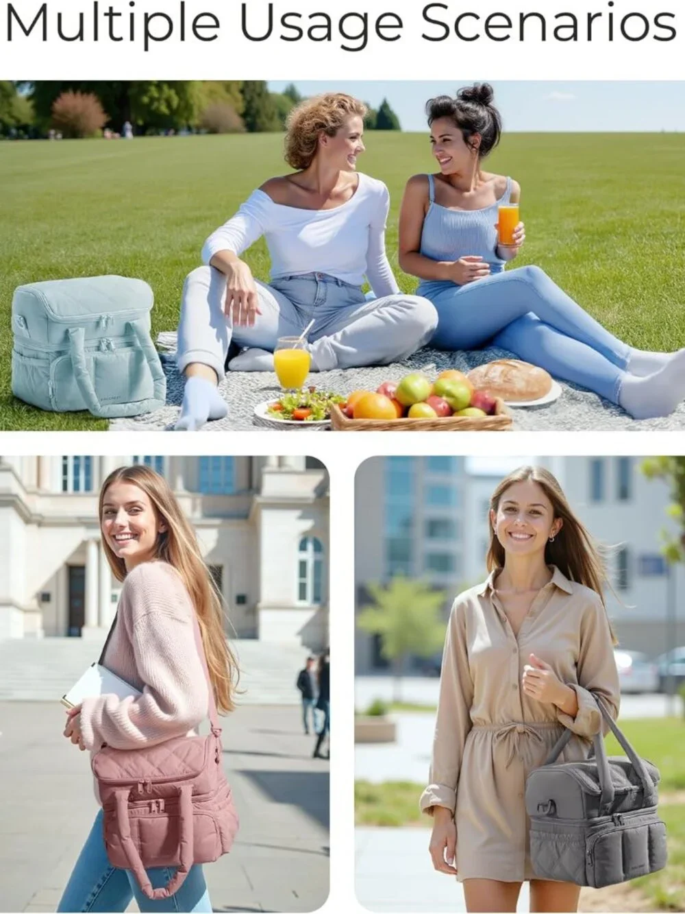 Lunch Bag Women, Double Deck Insulated Lunch Box, Quilted Puffer Lunch Tote, Lea_7